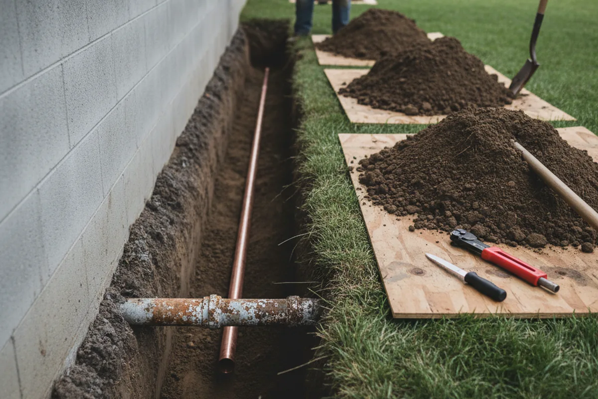 Excavated water line trench during Water Softener Installation in Jamison